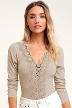 Load image into Gallery viewer, Lace Trim Ribbed Long Sleeve Bodysuit
