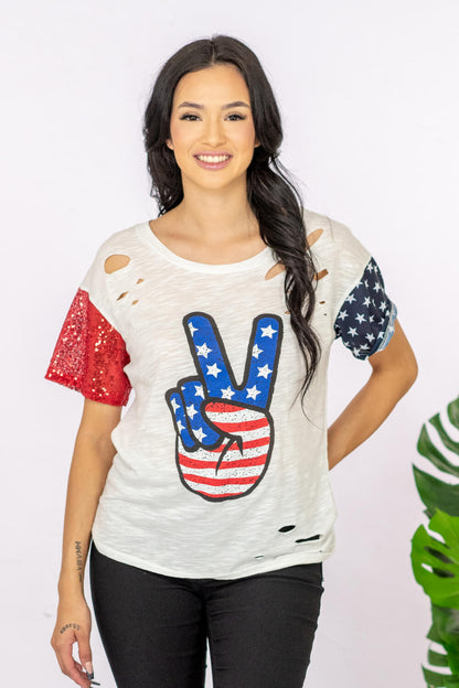 BiBi Patriotic Peace Sign Sequin Graphic Tee