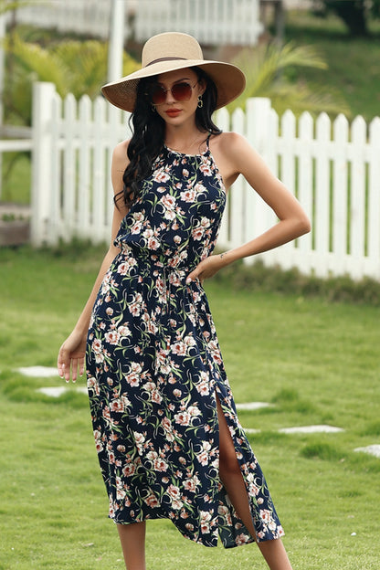 Sling Floral Elastic Waist Split Dress