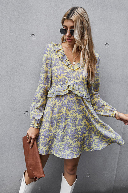 Dainty Floral Ruffled V-Neck Dress