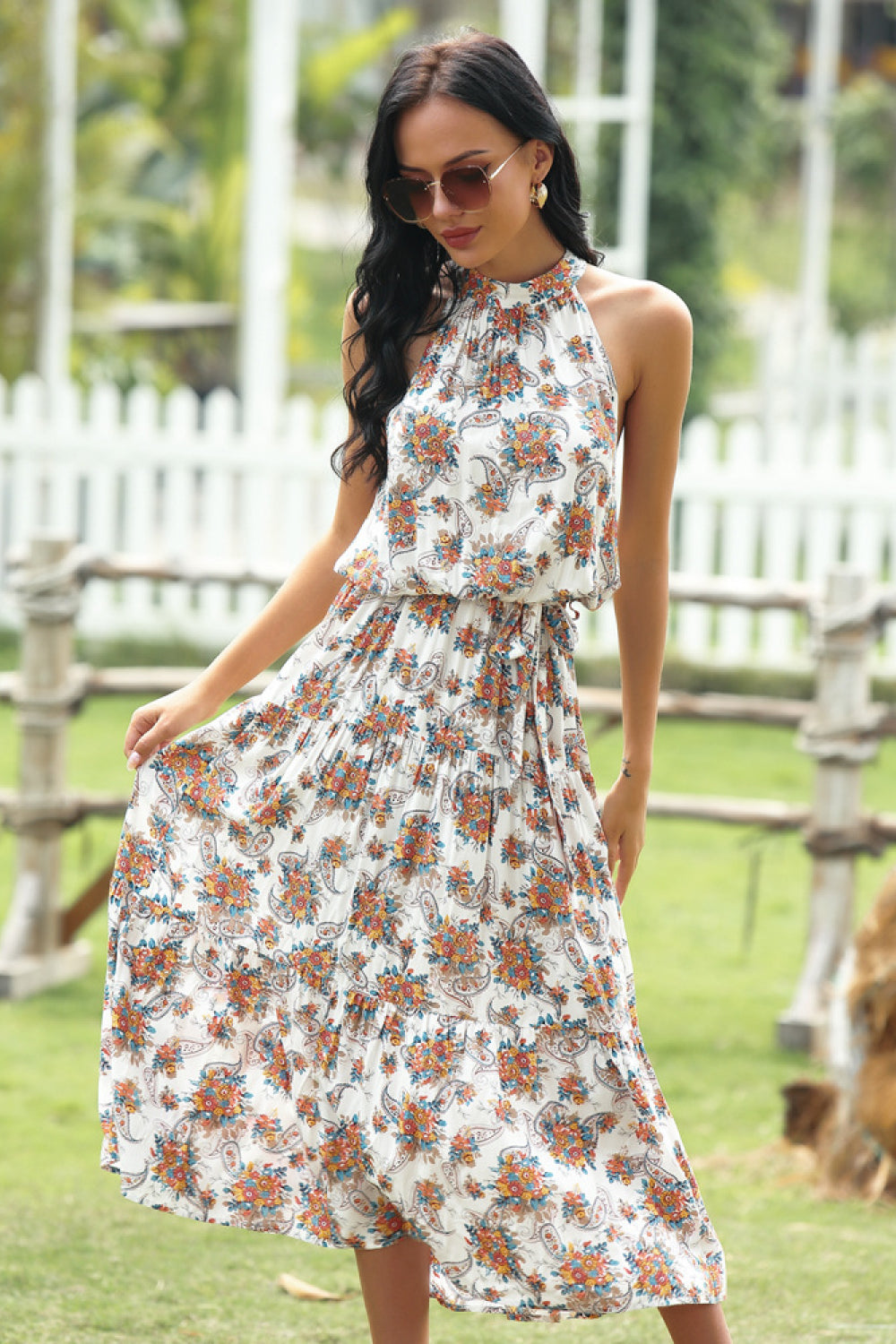 Paisley Halter Lace-up Printed Dress