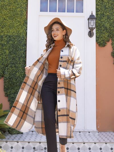 Plaid Button Up Dropped Shoulder Coat