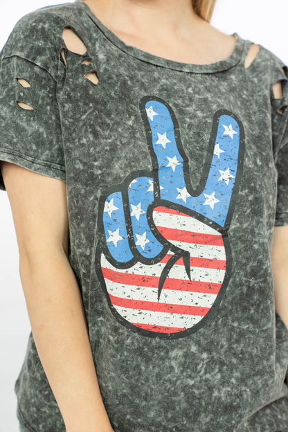 BiBi Peace, Love, USA Acid Wash Graphic Tee with Laser Cut