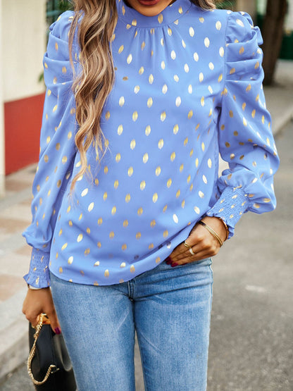 Printed Mock Neck Lantern Sleeve Blouse