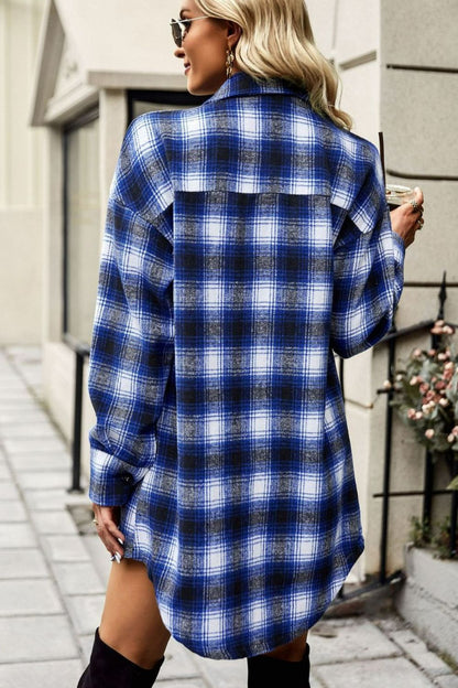 Plaid Curved Hem Longline Shirt Jacket