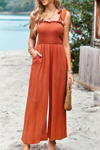 Load image into Gallery viewer, Frill Trim Tie Shoulder Wide Leg Jumpsuit with Pockets
