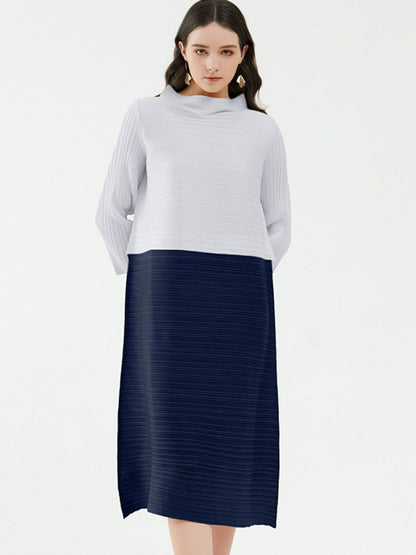 Two-Tone Accordion Pleated Three-Quarter Sleeve Midi Dress