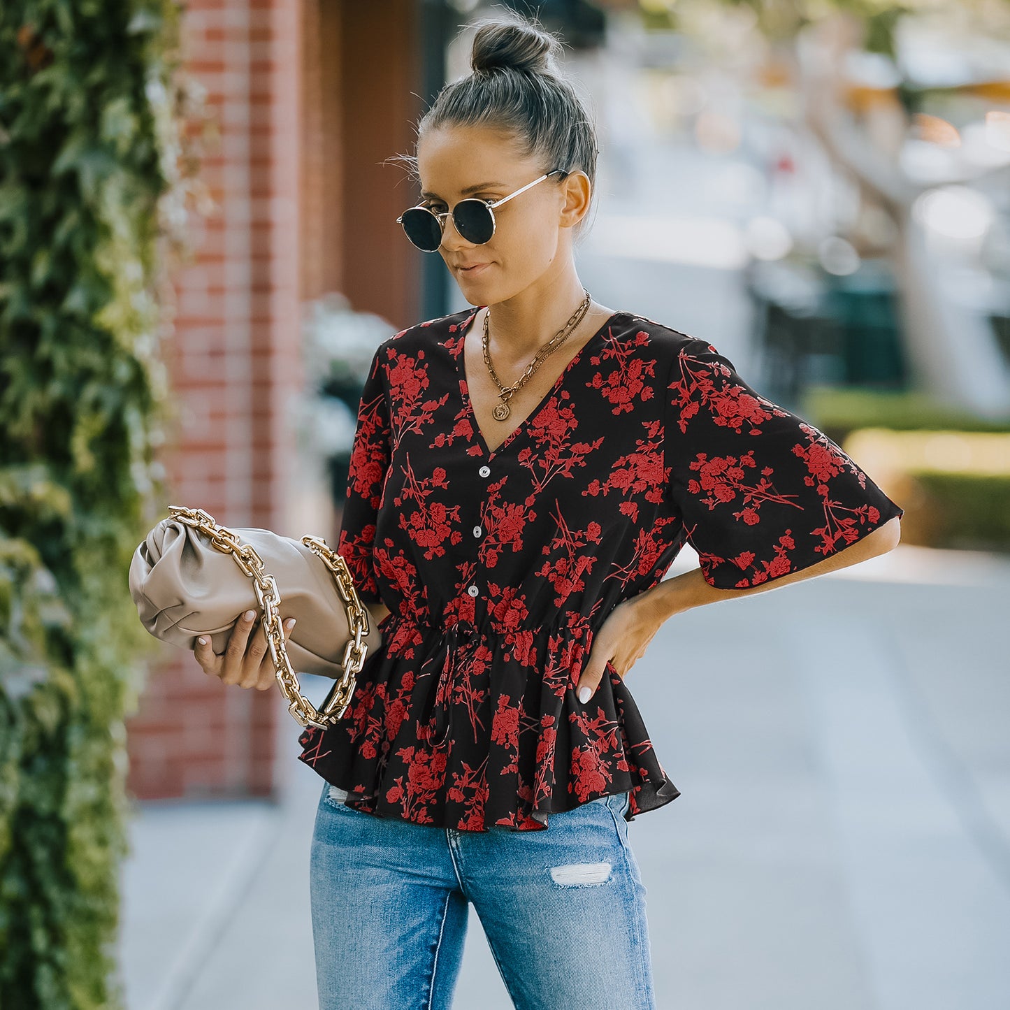 Floral V-Neck Peplum Blouse