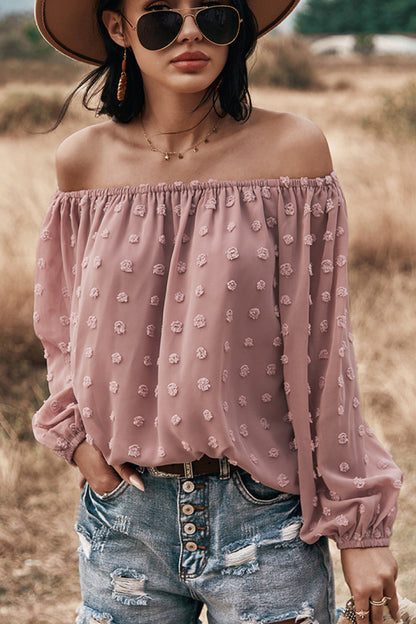 Off Shoulder Embroidered Polka Dot Top