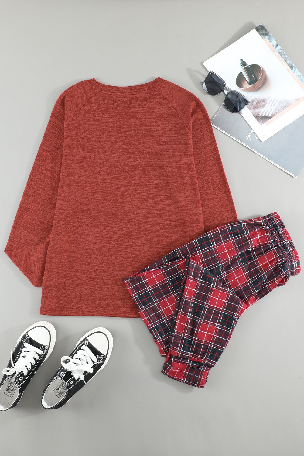 Long Sleeve Top and Plaid Pants Loungewear Set