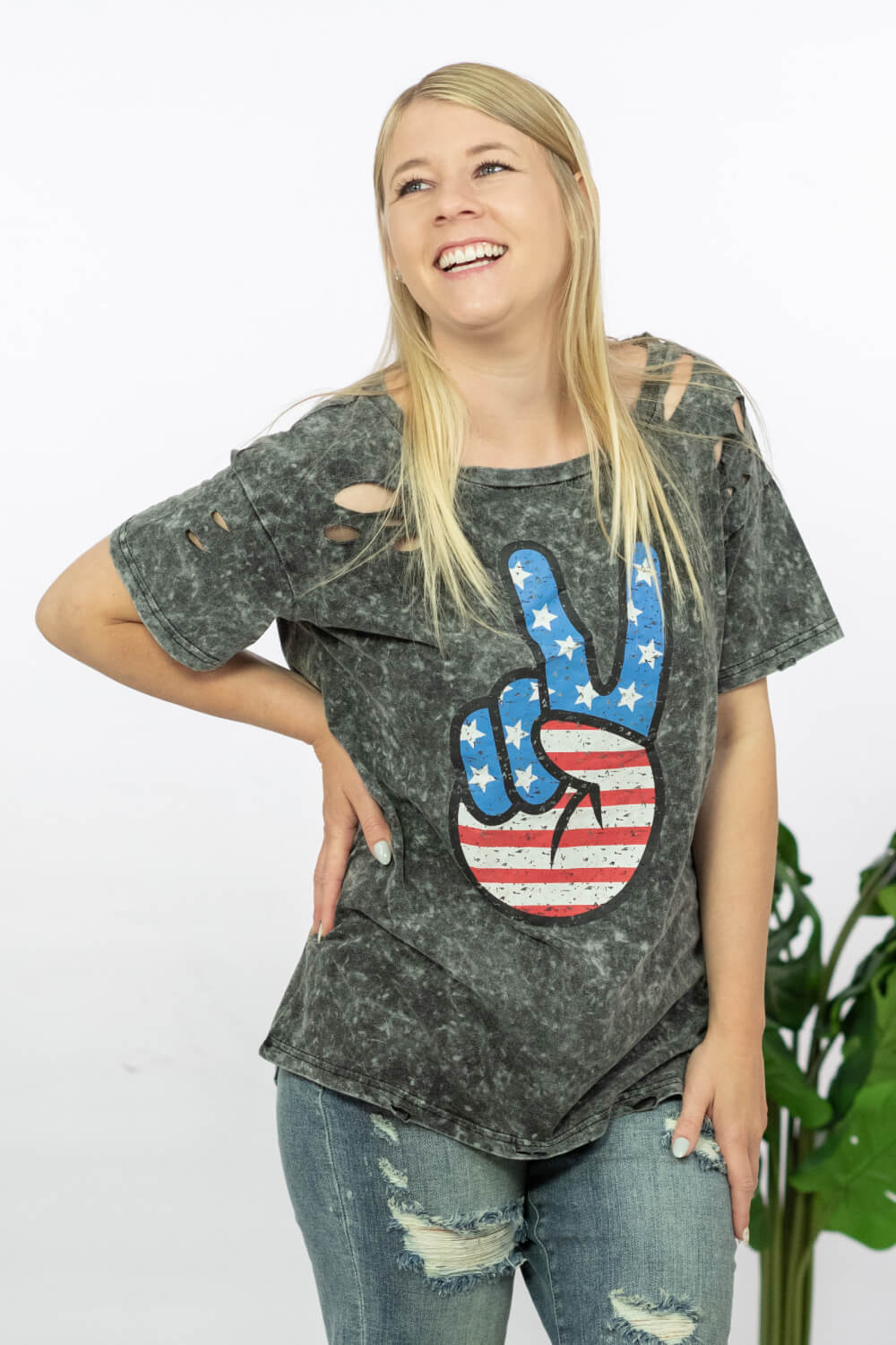 BiBi Peace, Love, USA Acid Wash Graphic Tee with Laser Cut