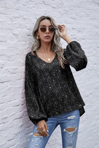 Dot Print Balloon Sleeve Blouse