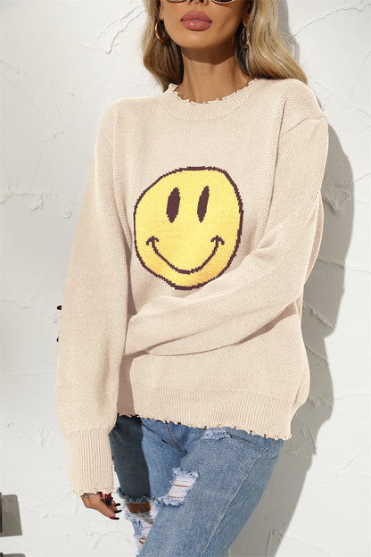 Round Neck Long Sleeve Smily Face Graphic Sweater