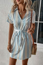 Striped Johnny Collar Tie-Waist Dress