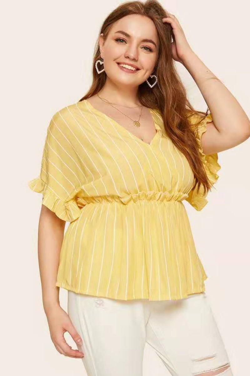 Plus Yellow V Neck Peplum Top