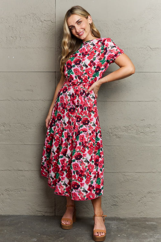 Full Size Belted Surplice Short Sleeve Midi Dress