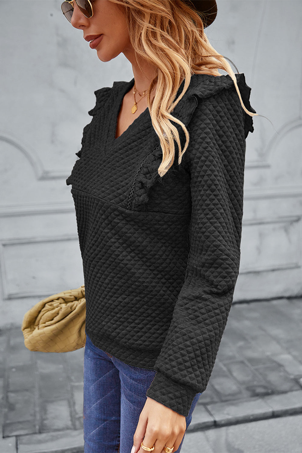 Ruffle Shoulder Waffle Pullover