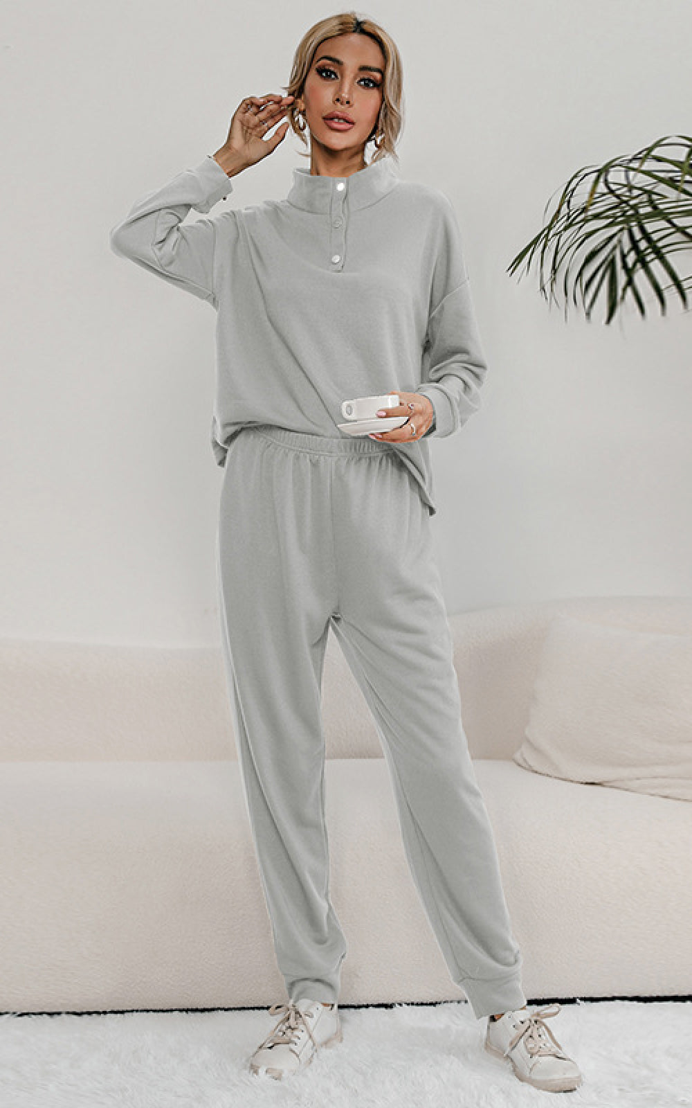 Buttoned Collar Top and Pants Lounge Set