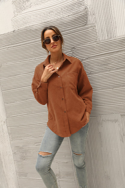 Button Front Drop Shoulder Corduroy Blouse