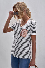 Load image into Gallery viewer, Sequin Pocket V-Neck Striped Tee
