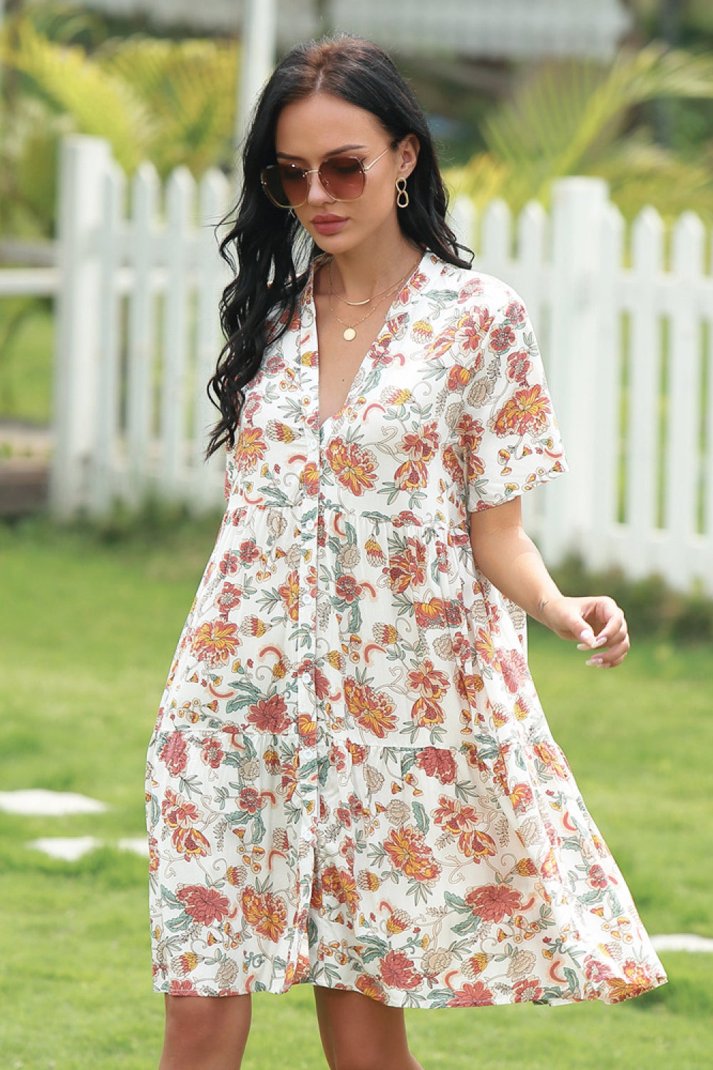 Full Size Floral  V-neckline Dress