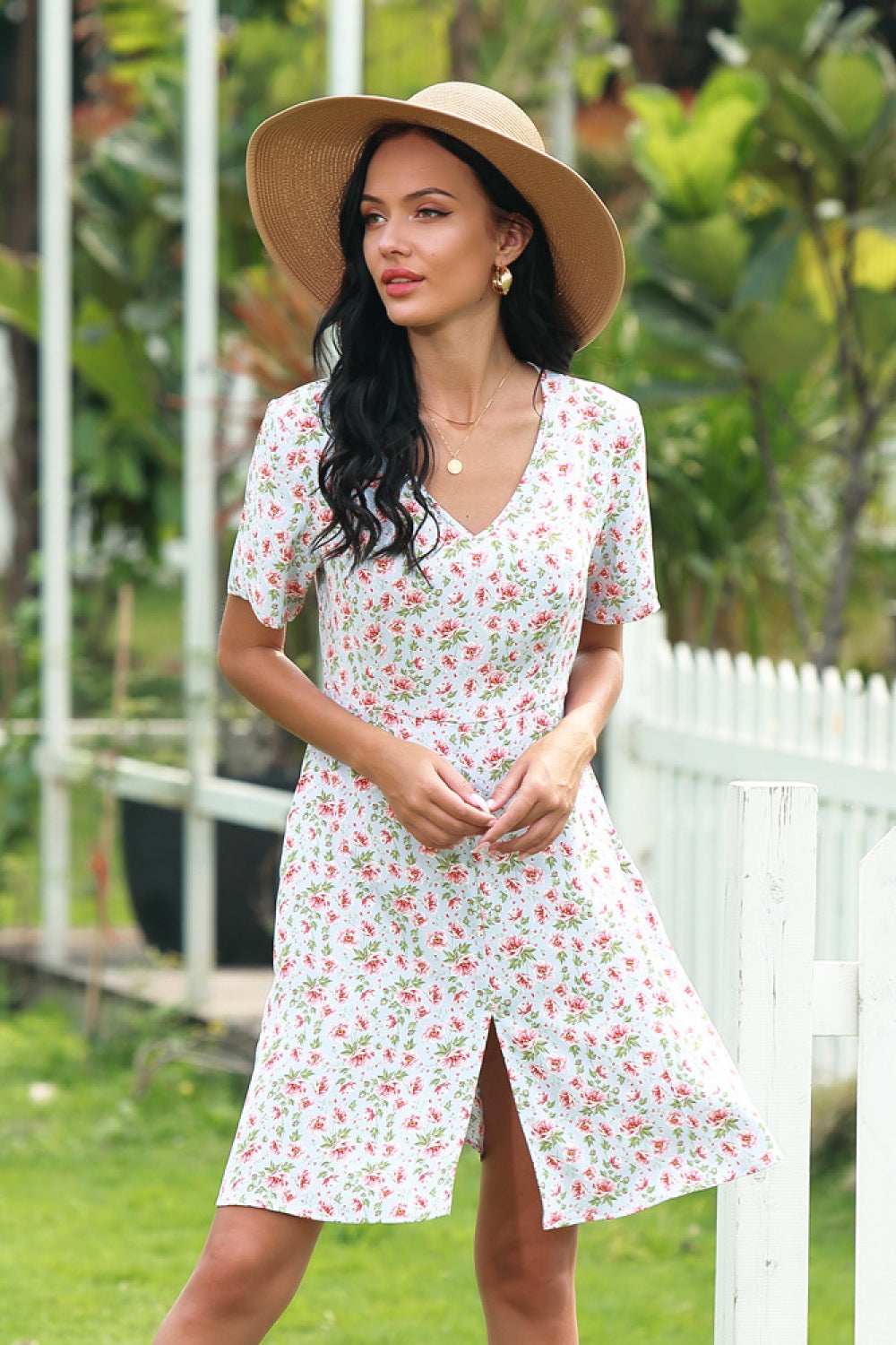 Full Size Range Ditsy Floral Slit Dress