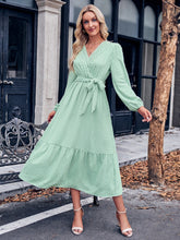 Load image into Gallery viewer, Swiss Dot Belted Surplice Puff Sleeve Midi Dress
