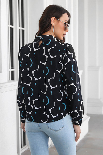 Printed Gathered Detail Mock Neck Blouse