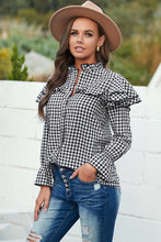Load image into Gallery viewer, Black Plaid Button Ruffle Shirt
