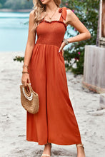 Load image into Gallery viewer, Frill Trim Tie Shoulder Wide Leg Jumpsuit with Pockets
