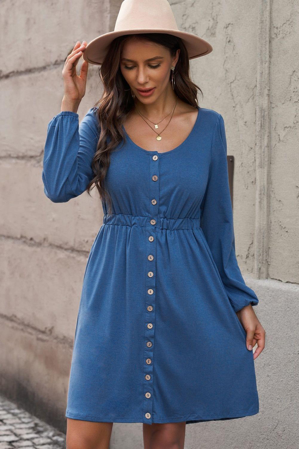 Scoop Neck Empire Waist Long Sleeve Mini Dress