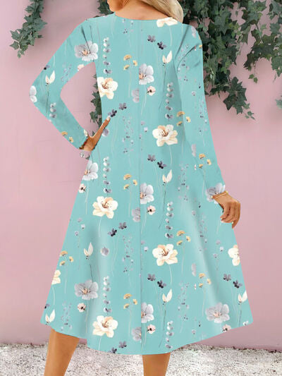 Floral Notched Long Sleeve Midi Dress