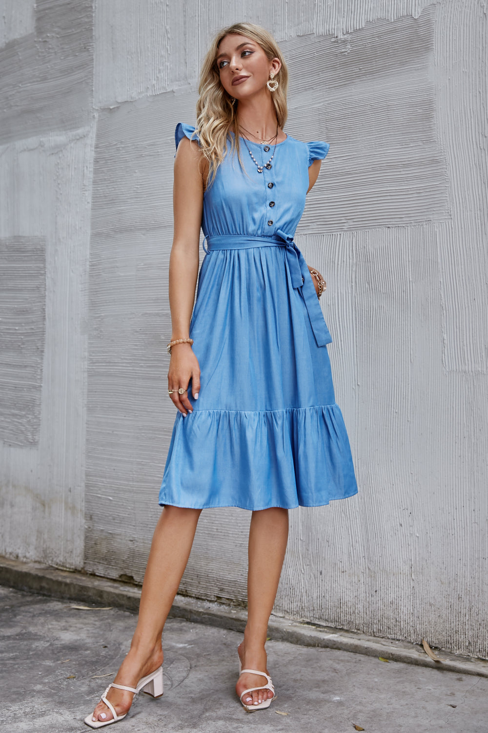 Half Button Tie Waist Flutter Sleeve Midi Dress