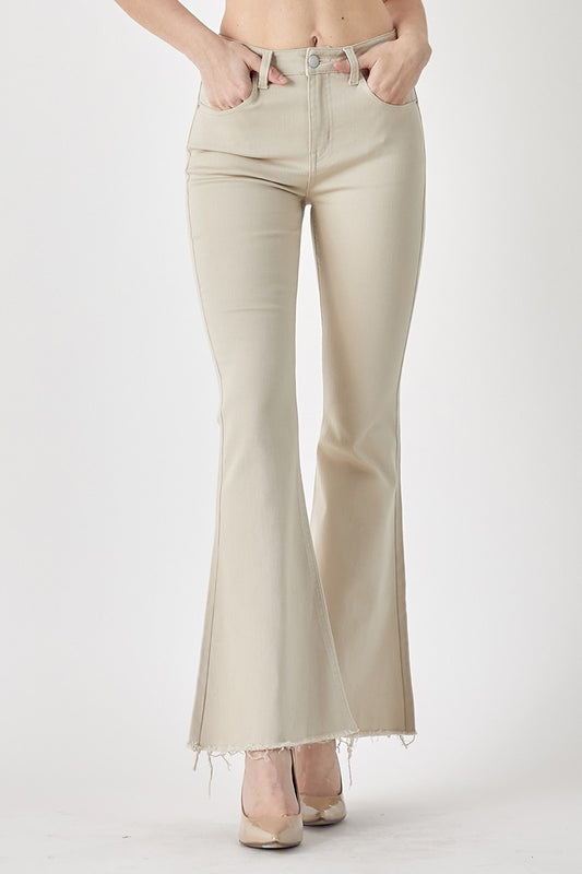 RISEN Mid-Rise Raw Hem Flare Jeans in Khaki