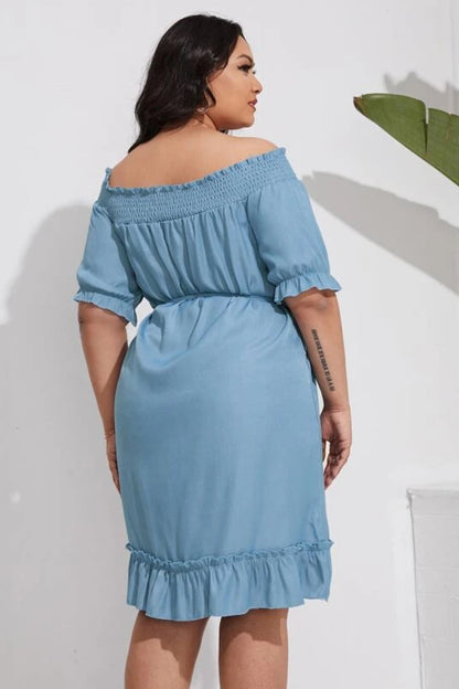 Plus Size Shirred Cold Shoulder Ruffle Tie Waist Dress