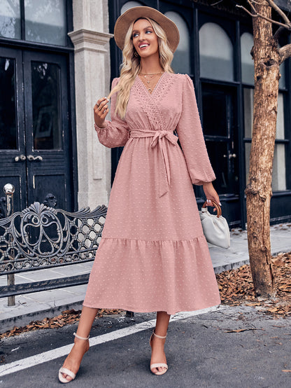 Swiss Dot Belted Surplice Puff Sleeve Midi Dress