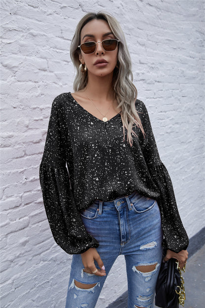 Dot Print Balloon Sleeve Blouse