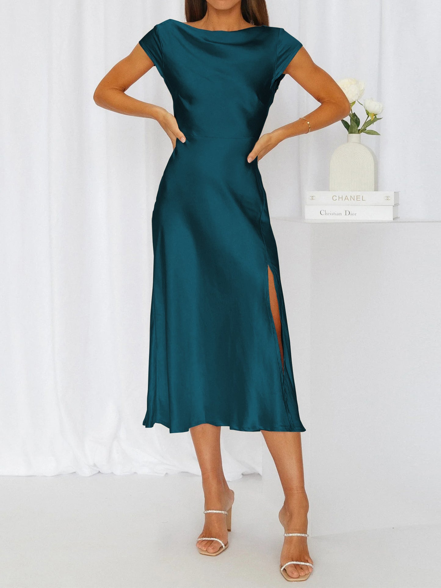 Round Neck Cap Sleeve Midi Dress