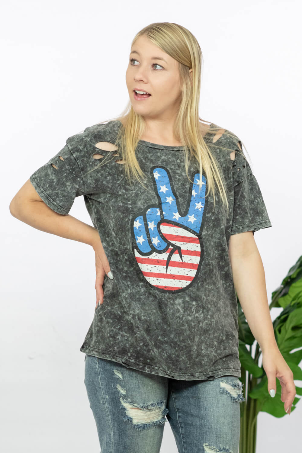 BiBi Peace, Love, USA Acid Wash Graphic Tee with Laser Cut