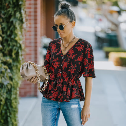 Floral V-Neck Peplum Blouse