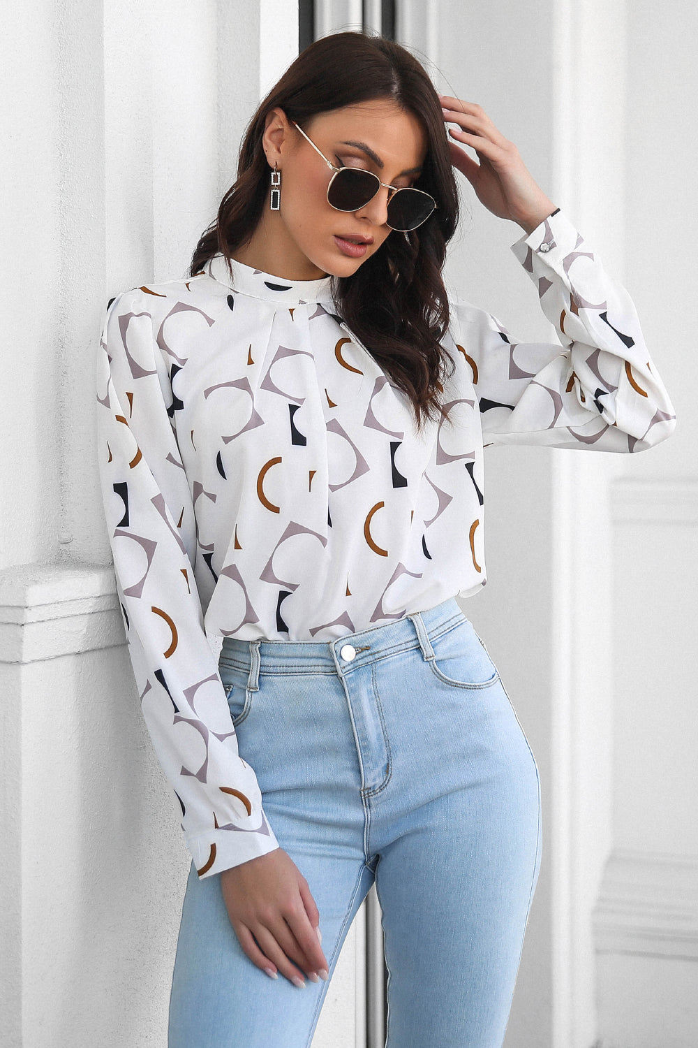 Printed Gathered Detail Mock Neck Blouse