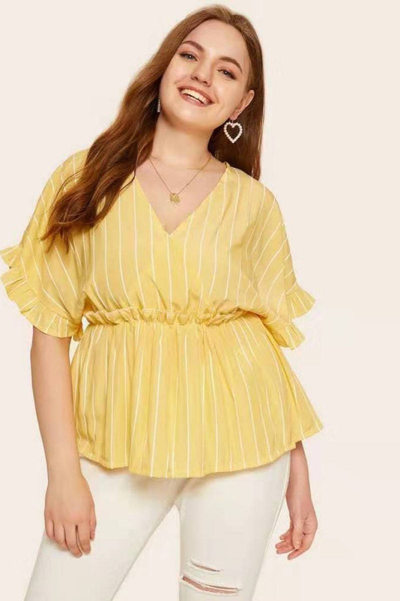 Plus Yellow V Neck Peplum Top