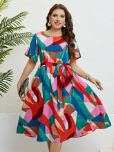 Load image into Gallery viewer, Plus Size Printed Round Neck Tie Belt Dress
