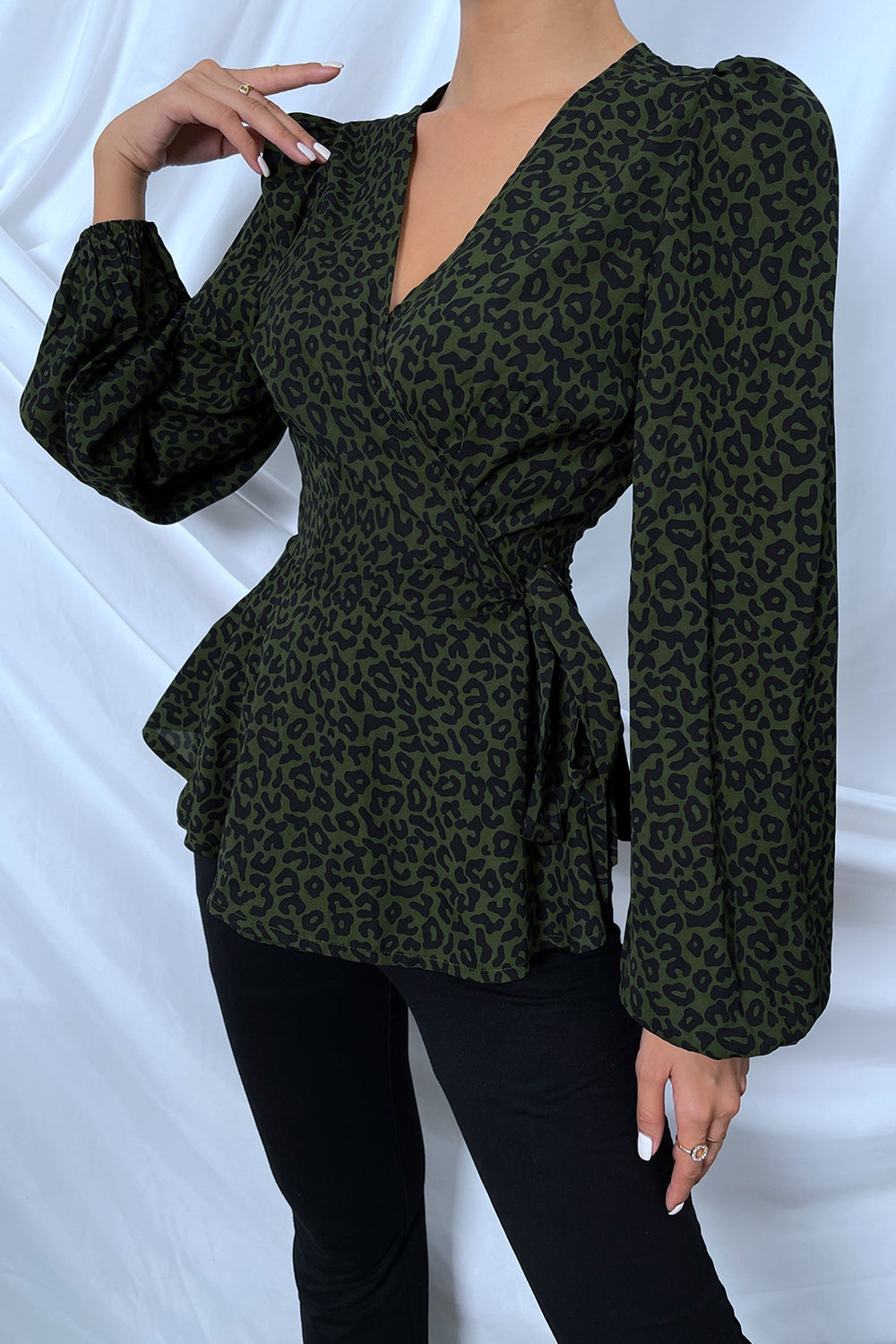 Surplice Neck Leopard Print Side Tie Blouse