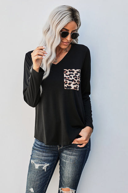 Contrast Leopard V-Neck Pocket Blouse