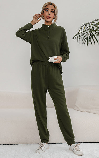 Buttoned Collar Top and Pants Lounge Set