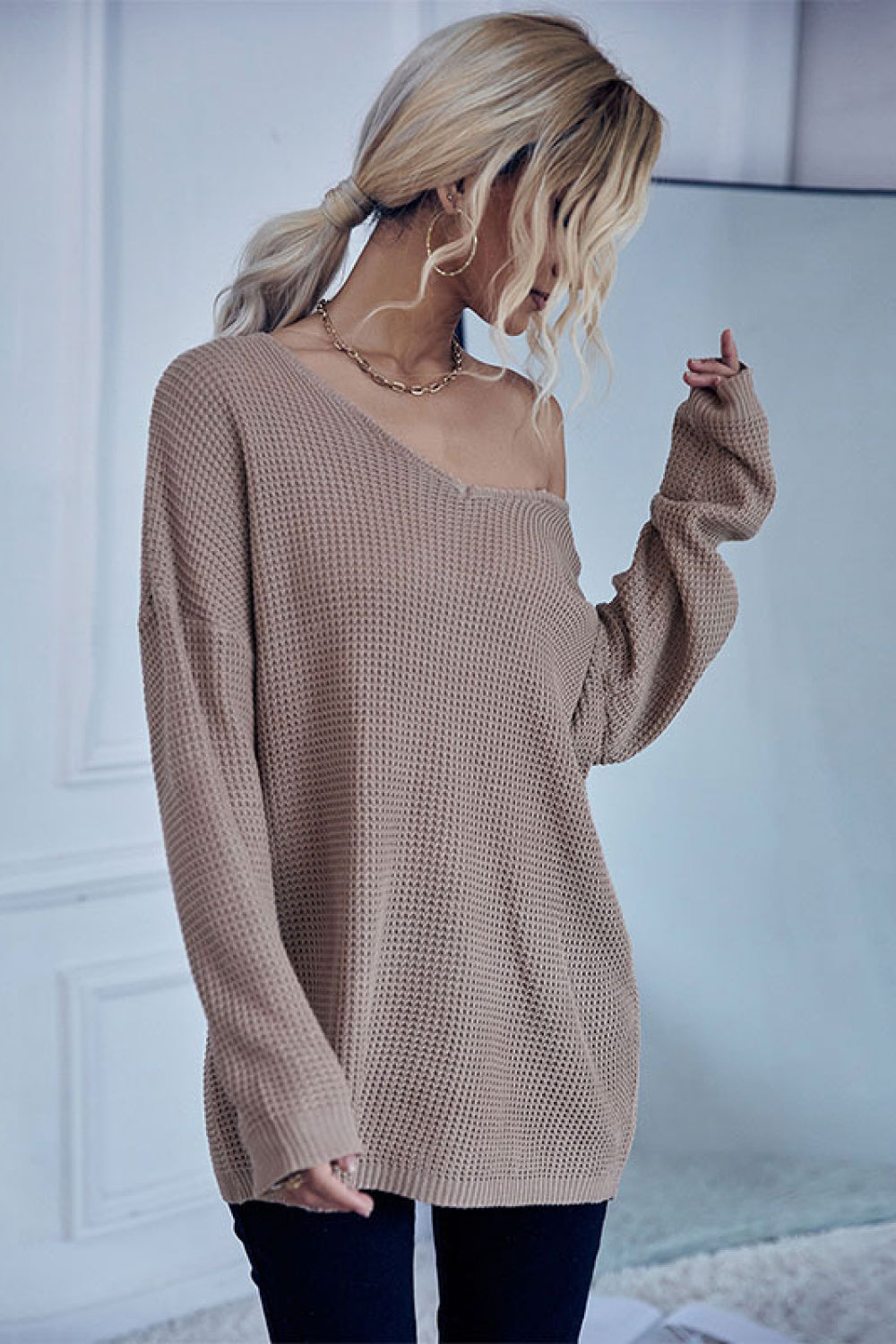 Waffle Knit V-Neck Sweater