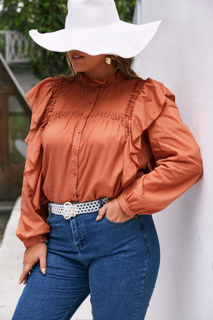 Plus Size Ruffle Trim Button Down Blouse