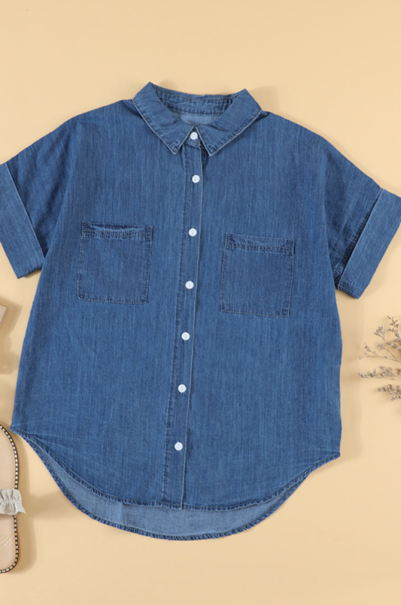 Collar Short Sleeve Denim Shirt