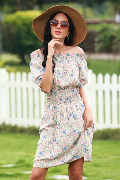 Full Size Range Floral Shirred Boat Neck Dress